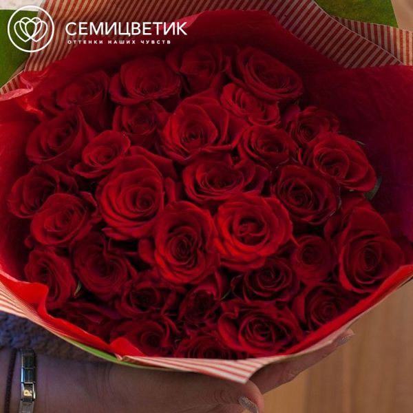 Букет из 35 красных с темной каймой роз (Россия) 40 см