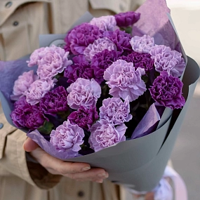 Букет из 25 сиреневых (лунных) и фиолетовых гвоздик в голубой пленке