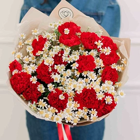 Букет из 15 красных гвоздик и 7 матрикарий в кремовой пленке