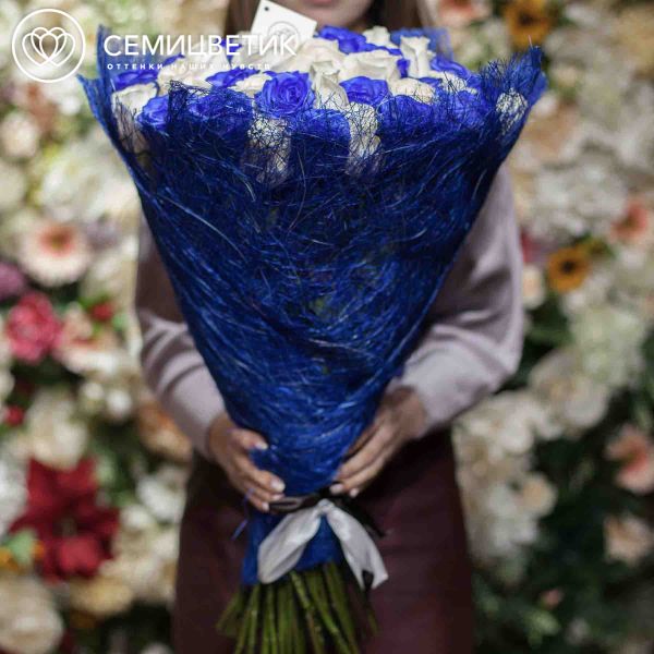 Букет из 71 белой и синей розы