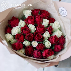 Букет из 35 красных и белых роз 40 см (Кения) в кремовой пленке