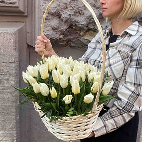 Композиция из 51 белого тюльпана 40 см с фисташкой в корзине