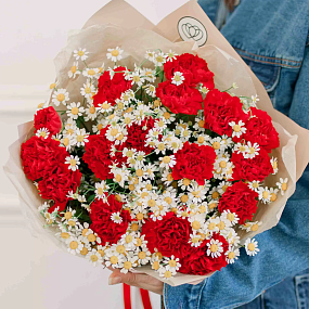 Букет из 15 красных гвоздик и 7 матрикарий в кремовой пленке