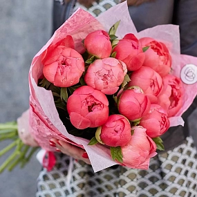 Букет из 11 коралловых пионов Coral Sunset Premium в розовой пленке